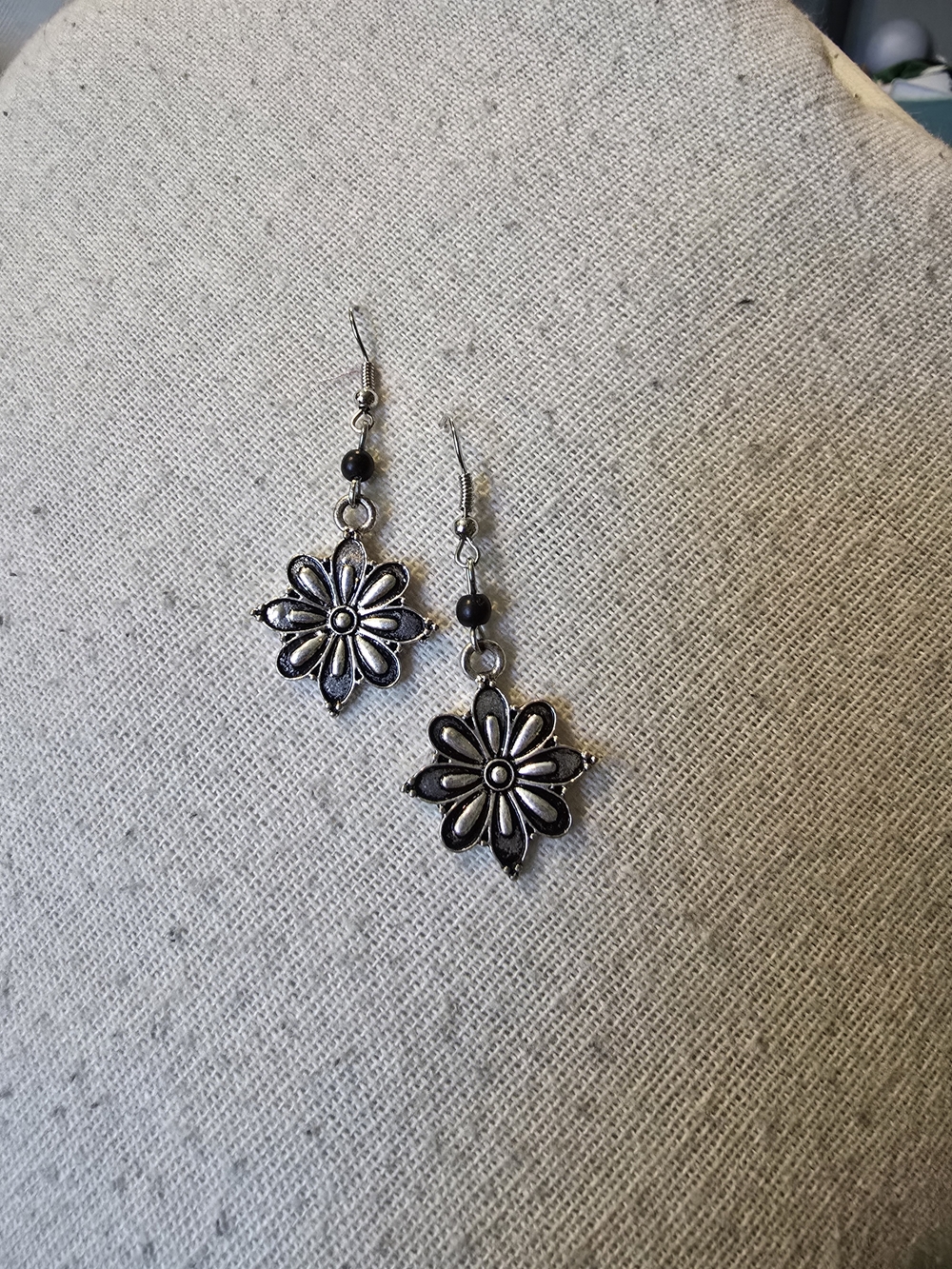 Silver Floral Drop Earrings - Black Accents